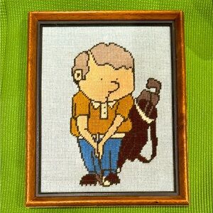 RUSTIC VINTAGE ART OF "GOLF MAN"  Handmade Needlepoint in a Wood Frame